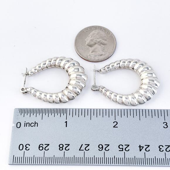 Estate Sterling Silver 925 Ribbed Teardrop Creole Hoop Earrings - Picture 6 of 6